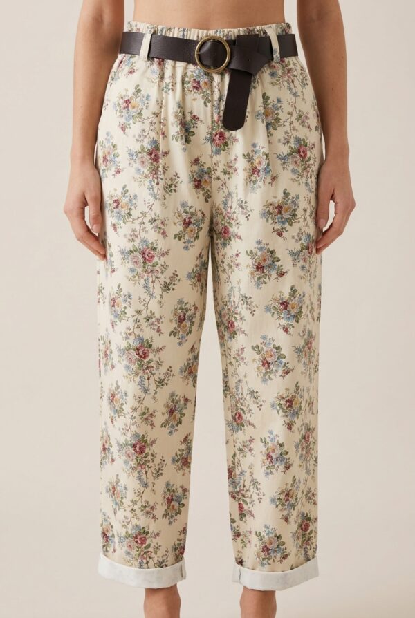 Pantalón floral con cinturón frontal