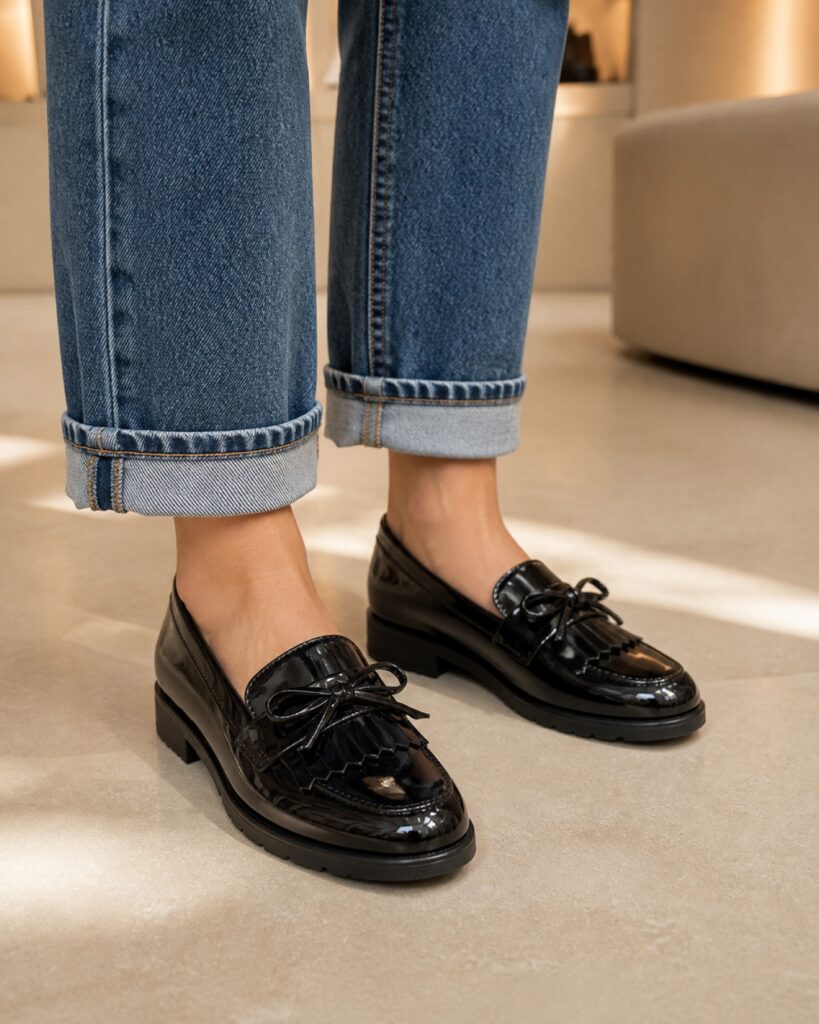Mocasín Coquette negro de charol con flecos y lazo