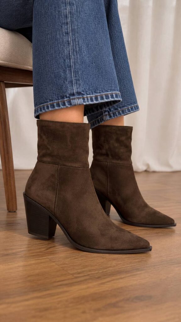 Botines Corina Coffee, puestos en los pies
